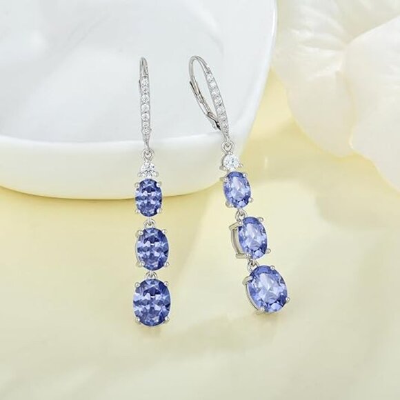 Teardrop Tanzanite Earrings: Sterling Silver Lever Back  December Tanzanite Color 925 Silver Birthstone 3-stone Leverback Earrings 5A CZ